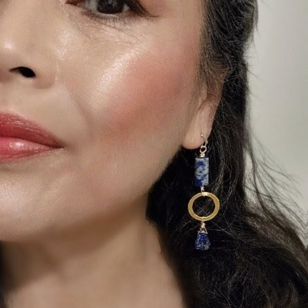 Ancient Sumerian Inspired Natural Lapis Lazuli In Hammered Gold Plated Earrings - Picture 9 of 10